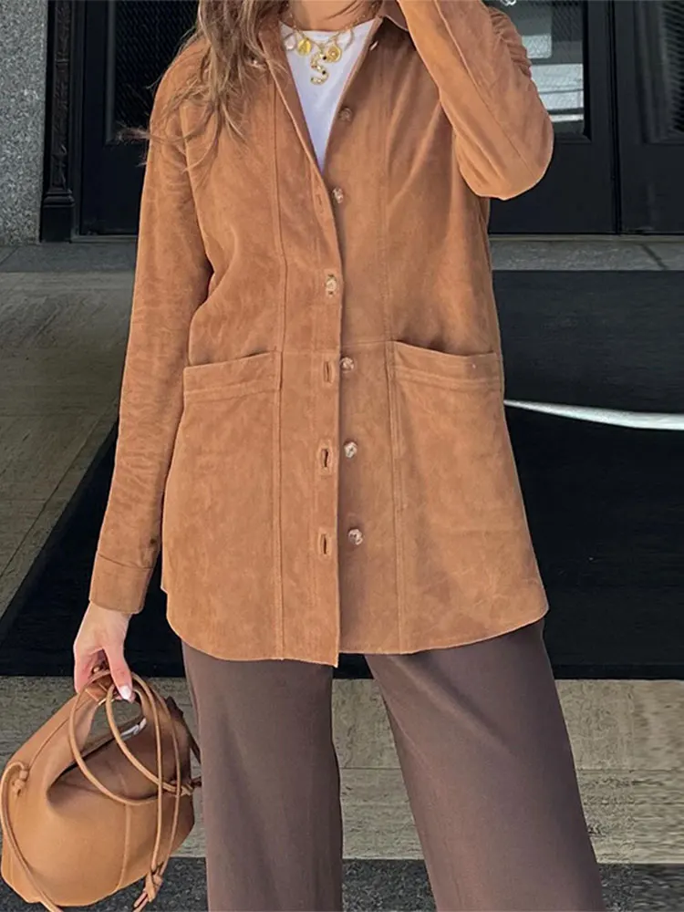 Retro Brown Women Lapel Pockets Shirt Coats Fashion Long Sleeve Single Breasted Loose Jacket 2024 Casual Lady Autumn Streetwear