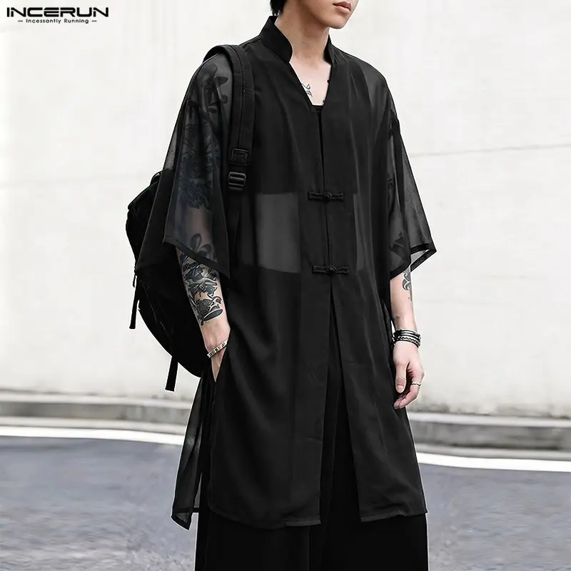 INCERUN Men's Shirt Solid Vintage V Neck Half Sleeve Men Clothes See Through Button Long Style Tops For Man Streetwear Shirts
