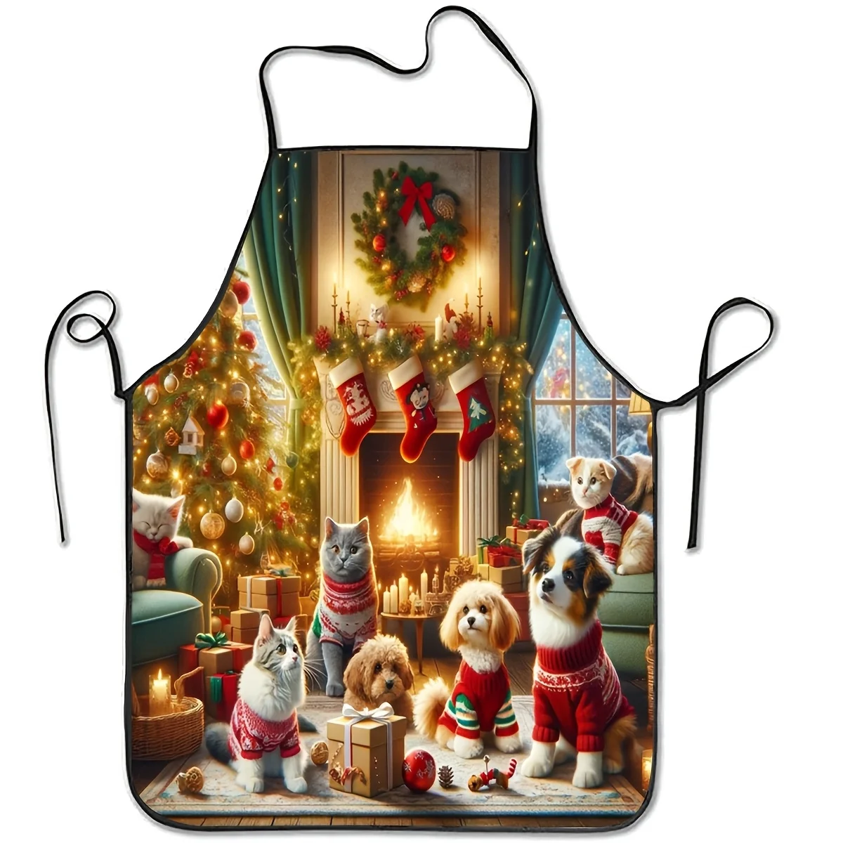 1pc Elegant Christmas Kitchen Apron | Polyester, Featuring Cats And Dogs In Sweaters, Gingerbread House, Fireplace, And Socks -