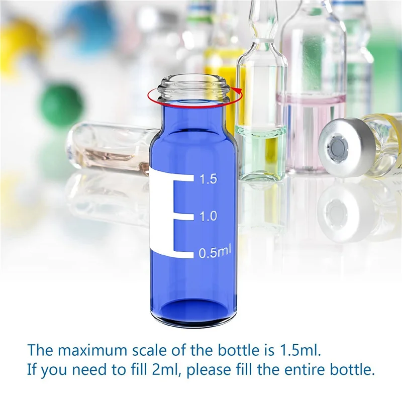 ABRT-2ML Autosampler Vials Pack Of 500 - HPLC Vials 9-425 Clear Vials With Blue Screw Caps,Red White Septa