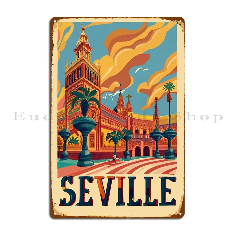 Letrero de Metal de Arte de viaje Vintage de Seville, placas de decoración de pared, diseño personalizado, cartel de estaño de garaje de cine