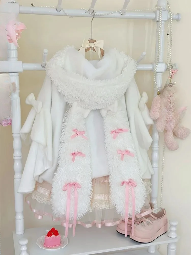 

Japanese Sweet Lolita Furry Cape Coat Women Cute Bow Rabbit Ears Warm Winter Cloak New Kawaii Soft Plush Lovely Fashion Outfits