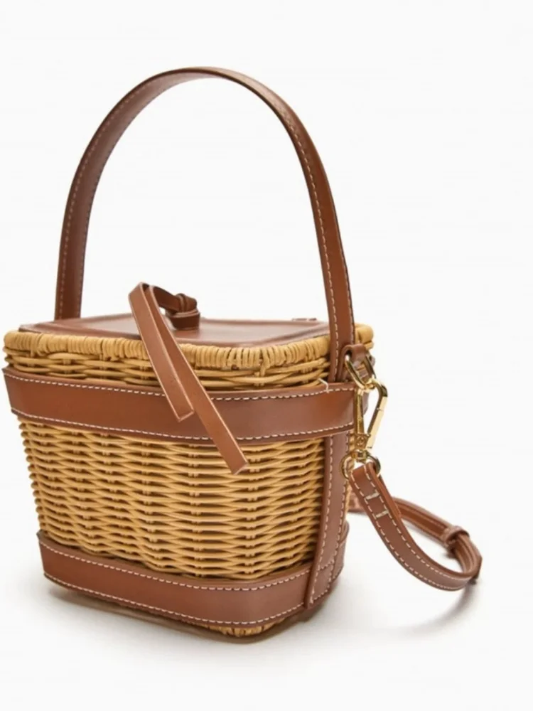 Модные сумки-ведра из ротанговой ткани для женщин, новые повседневные кожаные сумки через плечо с панелями, летняя маленькая сумка для пляжного отдыха и отдыха