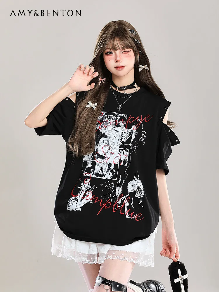 

Summer New American Graffiti Print Off-Shoulder Short Sleeve T-Shirt for Women Subculture Y2K Loose Design Black Top