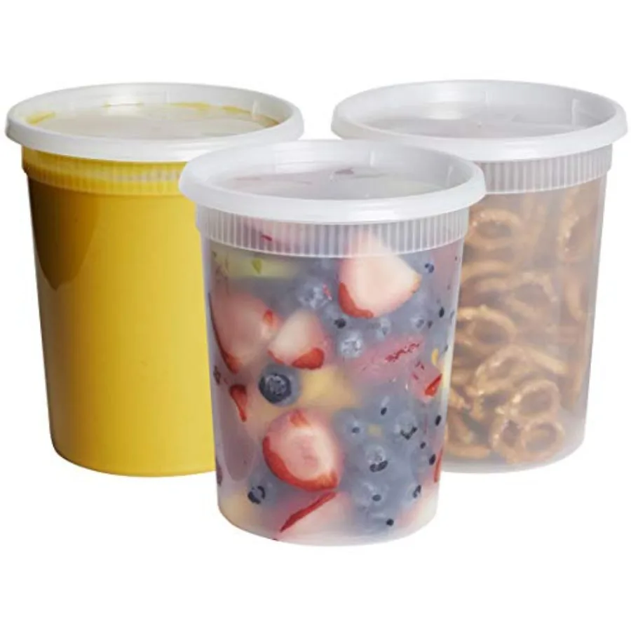 

32 oz. 24 Count Disposable Plastic Deli Containers with Airtight Lids for Food Storage and Meal Prep Ideal for Soups Stews Left
