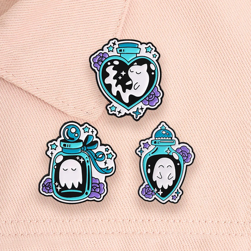 Gotische Geisterkatzen-Trankflaschen-Emaille-Pins Halloween-Hexe Schwarze Katze Kürbis Kristallkugel Broschen Anstecknadel Schmuck Geschenke – Detail 2