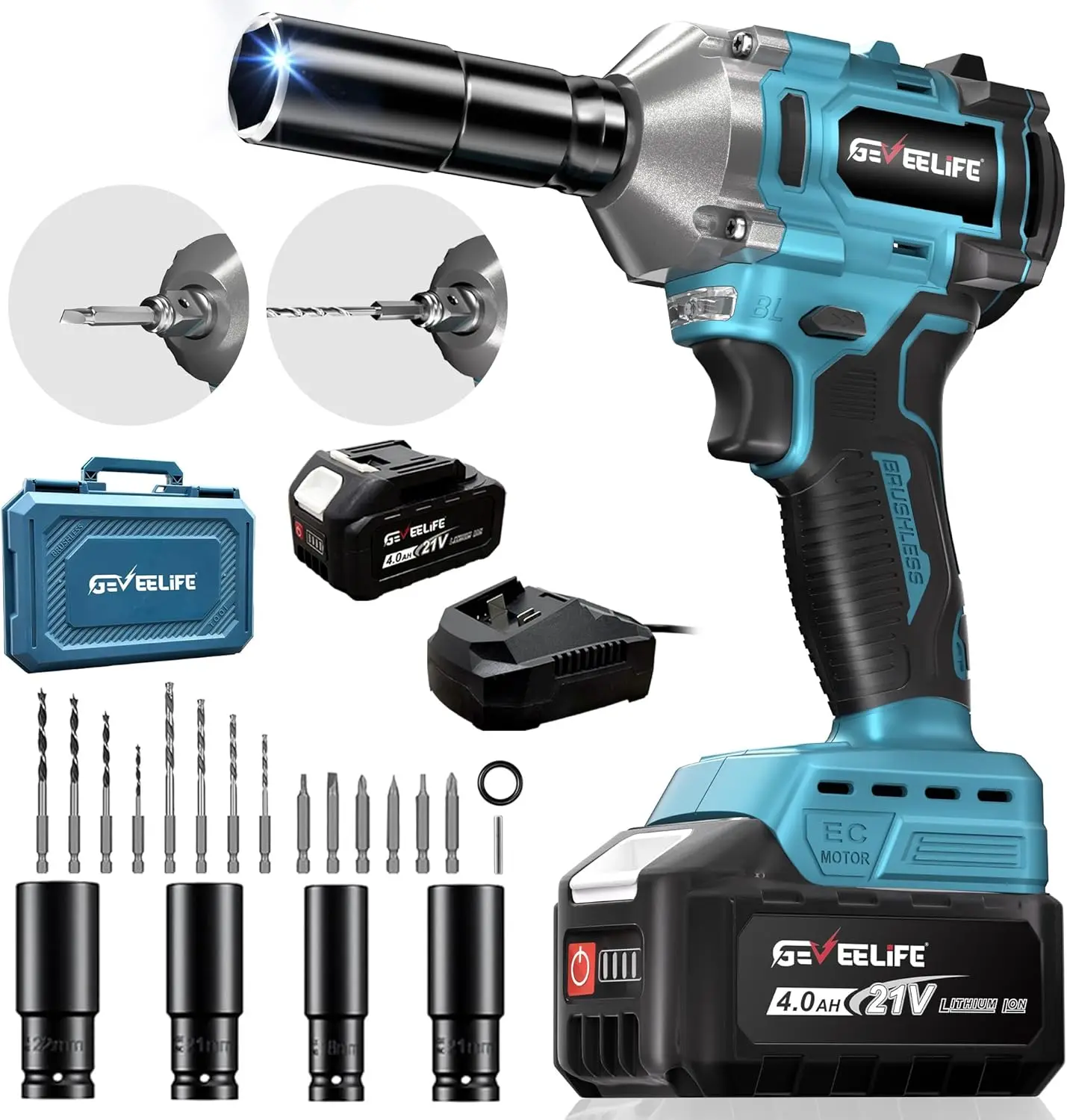 

450N.m Cordless Impact Wrench with 4.0Ah Battery & 6 Sockets, Electric Impact Driver for Car DIY Furniture Lawn Mower