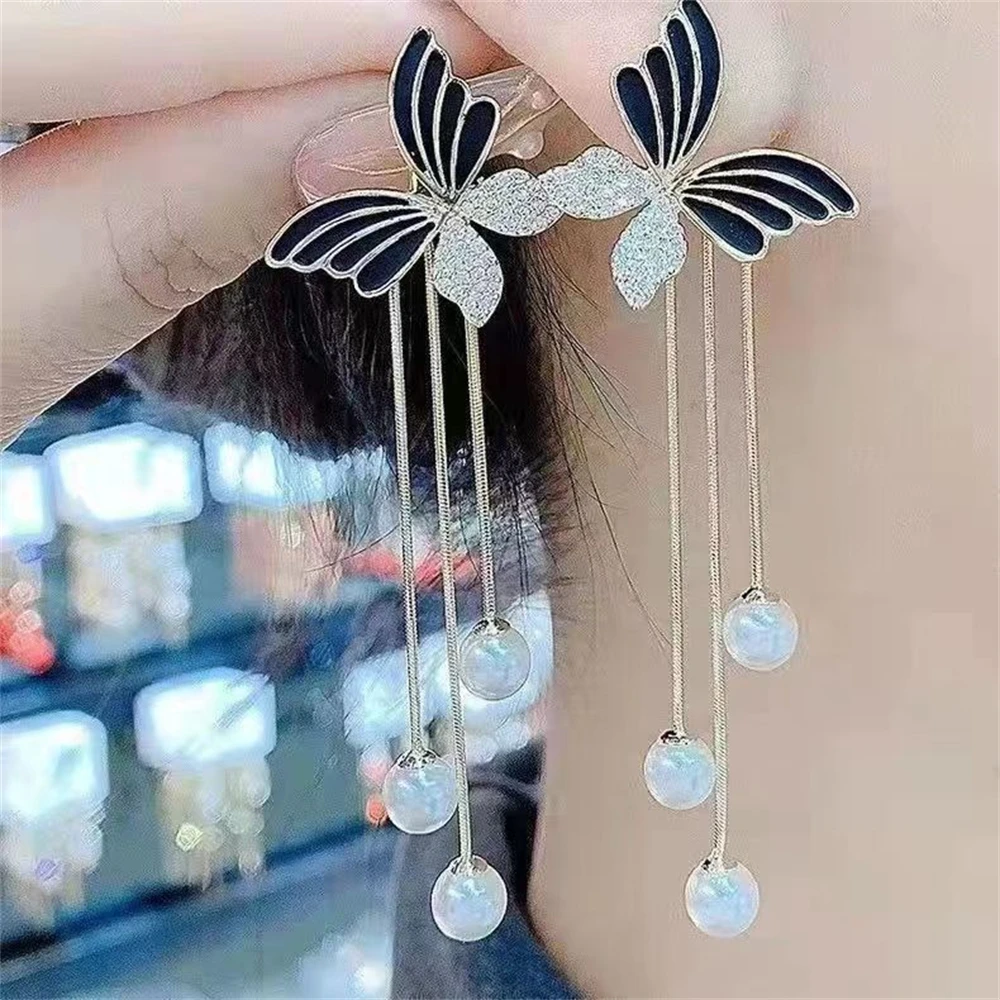 Korean Black Crystal Butterfly Pearl Tassel Earrings Fashion Punk Silver Color Long Chain Stud Earring Jewelry Gifts for Women