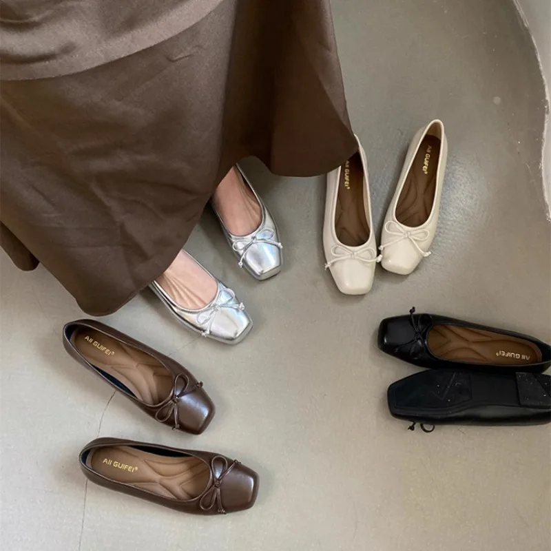 

Hot Selling High-quality Shallow Bow Silver Single Shoes 2025 Spring New French Gentle Flat Shoes for Women Zapatillas Mujer