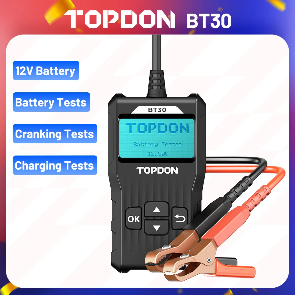 

TOPDON BT30 12V Car Battery Tester Digital Automotive Diagnostic Analyzer Vehicle Cranking Charging Scanner Tool One For All