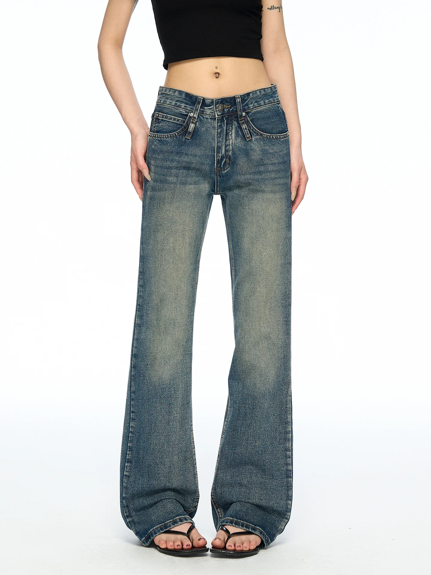 Aaisup American Retro Washed Bell Bottom Jeans Women Summer Design Worn Look Slimming Versatile Wide Leg Pants
