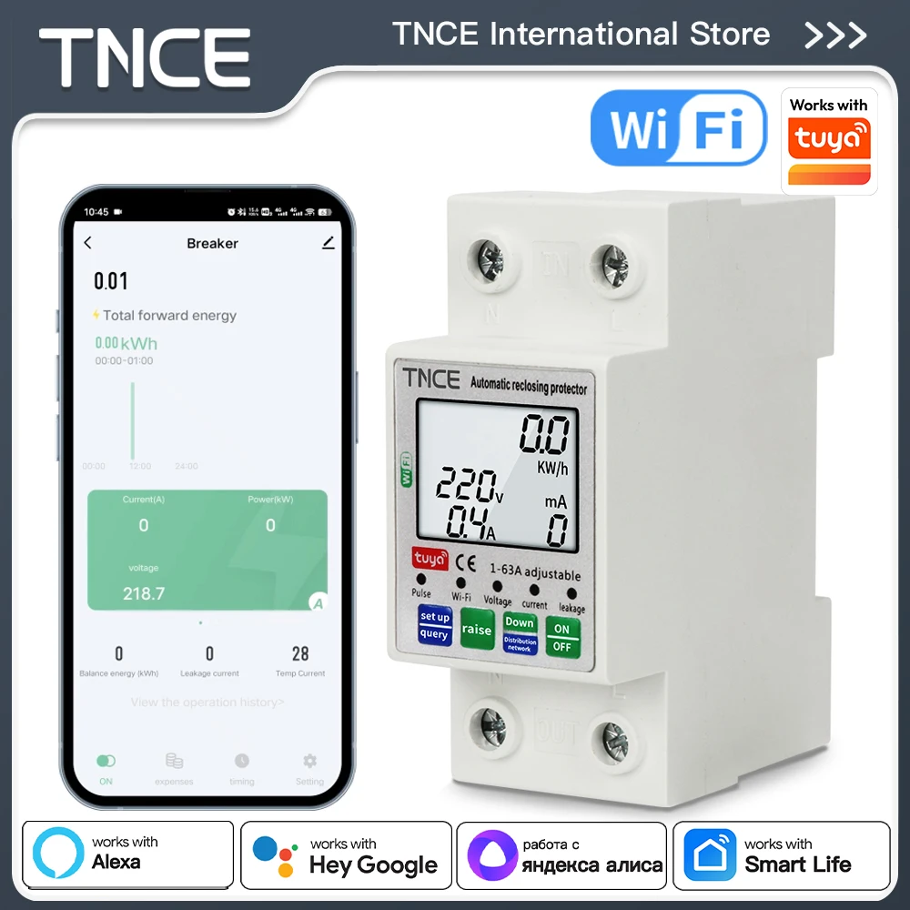 TNCE Tuya 1-63A Smart Energy Meter With Over/Under Voltage Current Leakage Protection, WIFI Remote Control Power Circuit Breaker