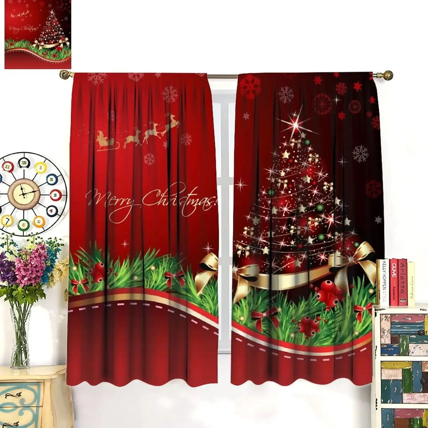 2PCS Digital Print Curtain, Christmas Tree with Reindeer Sleigh and Merry Christmas on Red, Festive, for Home Window Decoration