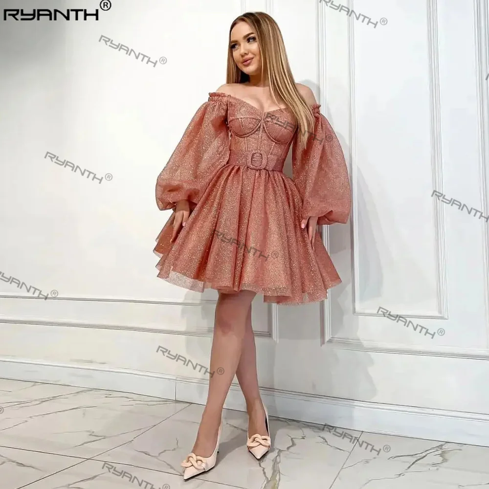 Ryanth Short Off Shoulder Homecoming Dresses Long Puff Sleeves Exposed Bones Belt V-Neck Celebrity Gowns vestidos de noche 2024