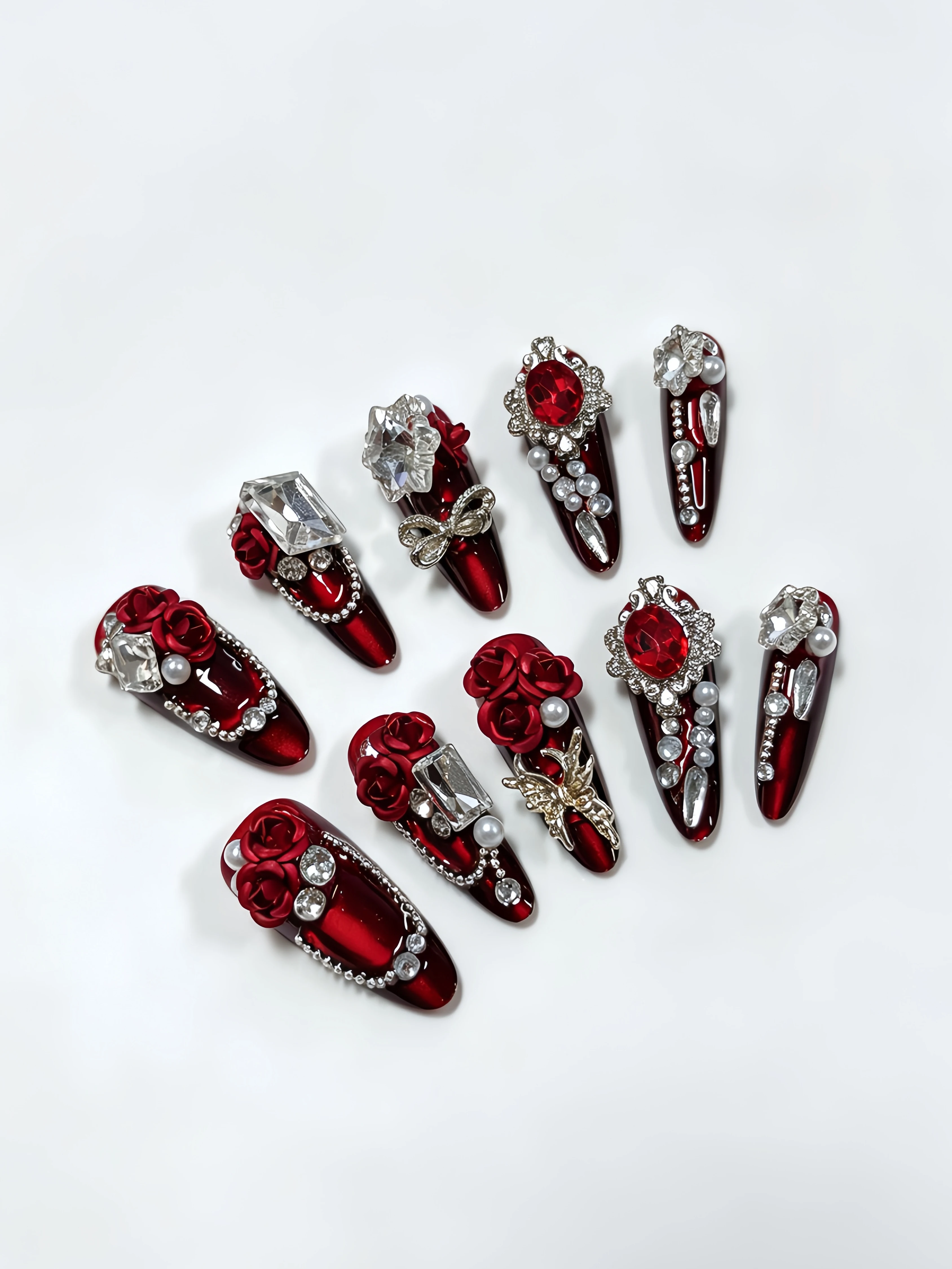 10 Long Teardrop-Shaped Press-On Nails, Burgundy Metallic Base with Rose Diamond Embellishments, Luxury Wedding Nail Style, Vintage Photo Shoot Style, Retro Palace Style, Wedding and Christmas Atmosphere Nail Art Pieces view 3