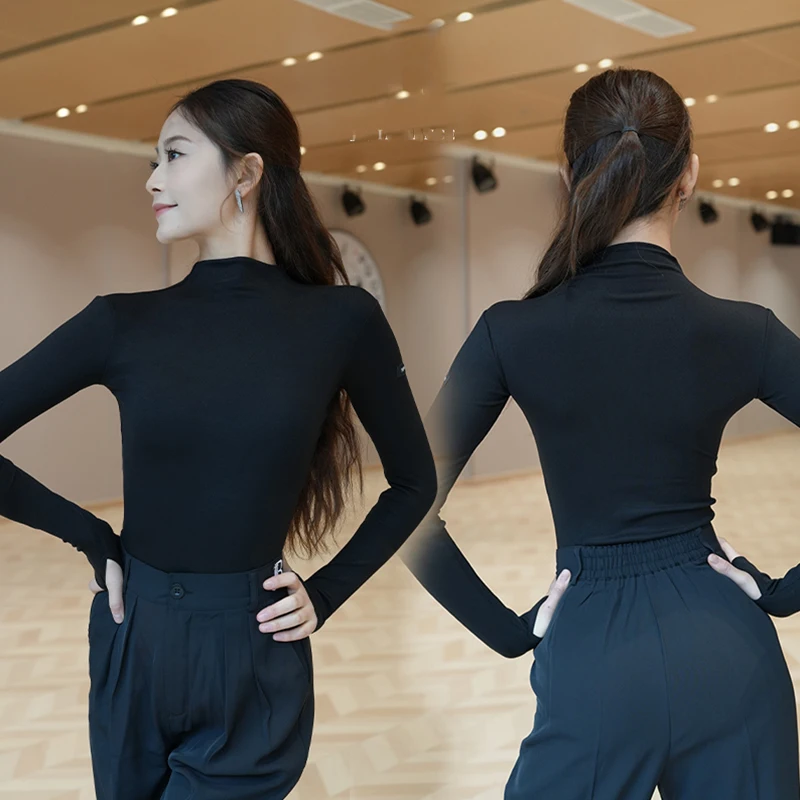 الرقص اللاتينية المرأة طويلة الأكمام الأسود ملابس رقص الجمباز عالية طوق ارتداءها راقصة ممارسة ارتداء ملابس التدريب اللاتينية AMY2883 #3