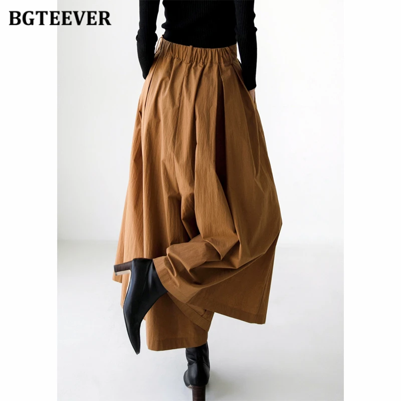 BGTEEVER Spring Loose Pockets Women Wide Leg Trousers Stylish Elastic  Waist Lace-up Women Pants