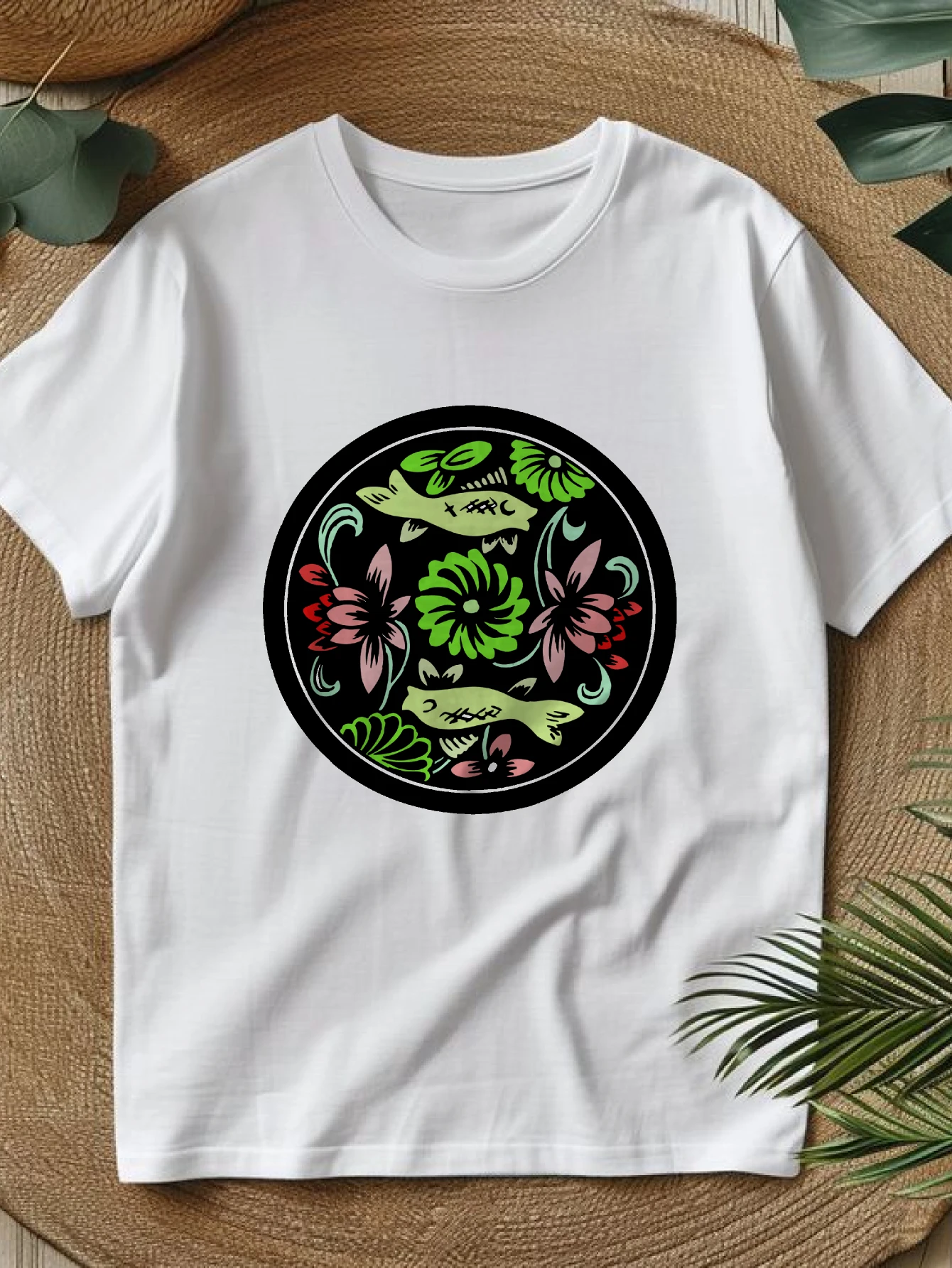 

Женские футболки в китайском стиле, уличная одежда в стиле Харадзюку, футболки с рисунком, повседневная футболка из 100% хлопка с цветочным принтом на круге, 90