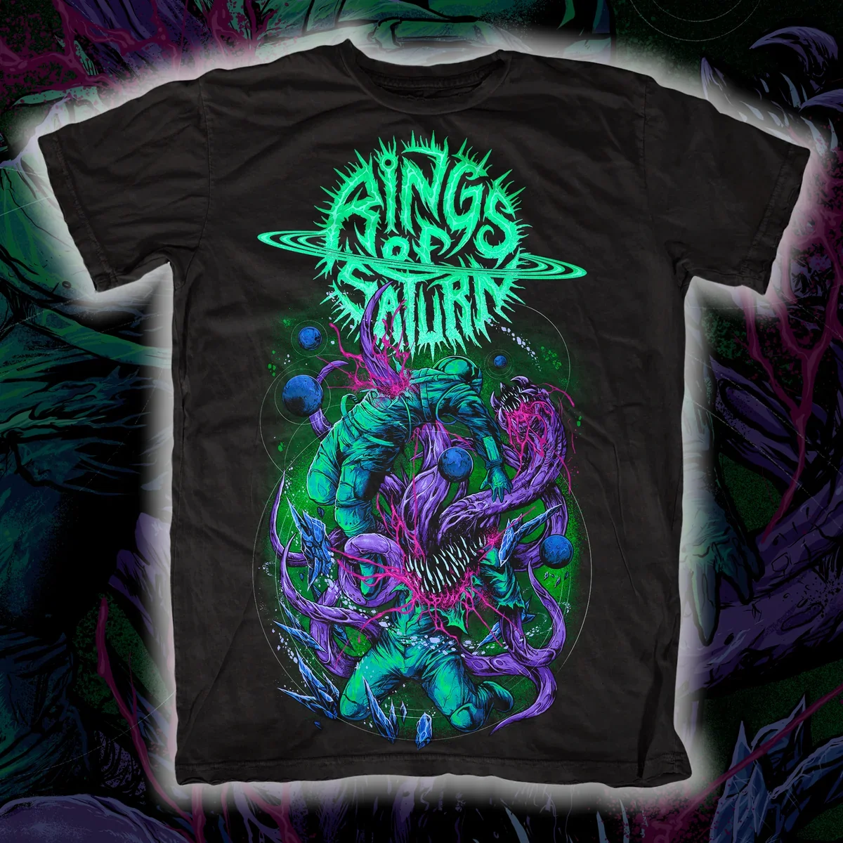 Rings of Saturn Alien Xenomorph Horror Sci‑Fi Death‑Metal Theme Print T‑Shirt, Equipped with Eye‑catching Full‑print Ferocious