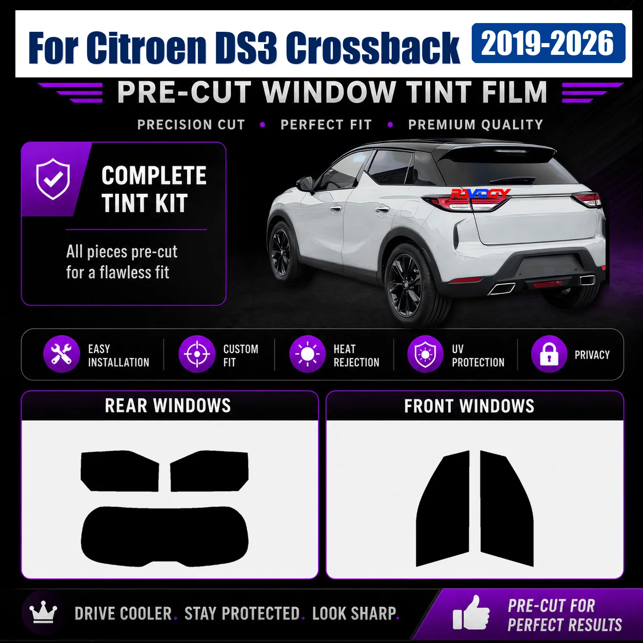 For Citroen DS3 Crossback 2019-2026 Window Tint Film Front Rear Side Window Custom Cut Kit