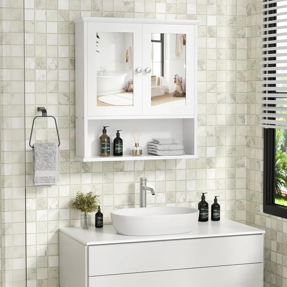 

Bathroom Cabinet with Mirror, Wood Medicine Cabinet with Adjustable Shelf, Wall Mount Cabinet Storage, Cupboard, White