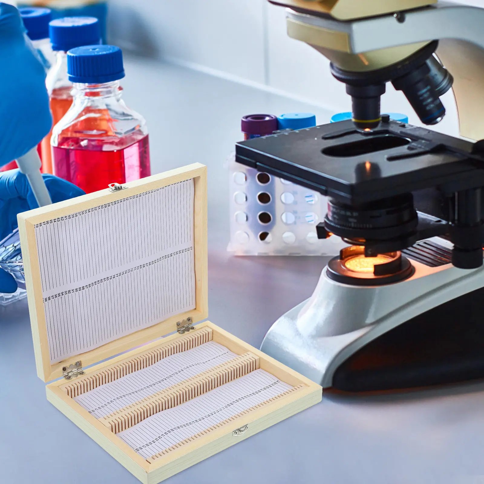 木製スライド収納ボックス-顕微鏡スライド用-生物学教育ラボ用-大容量標本オーガナイザー-整理整頓されたスロットデザイン