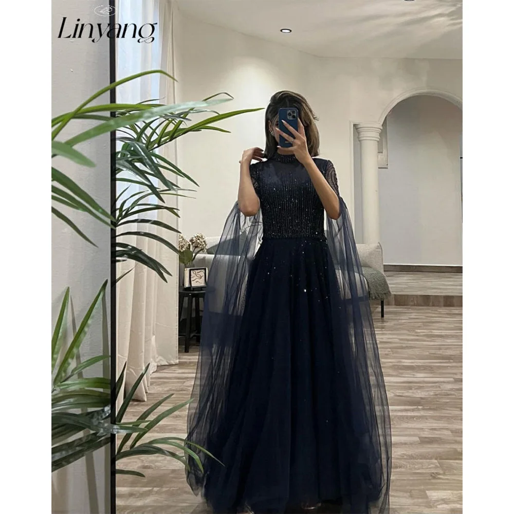 Linyang-Vestido largo de gasa azul marino con cuello alto y cintura con lentejuelas para mujer, traje Formal elegante para noche, graduación, dama de honor, fiesta, 2023