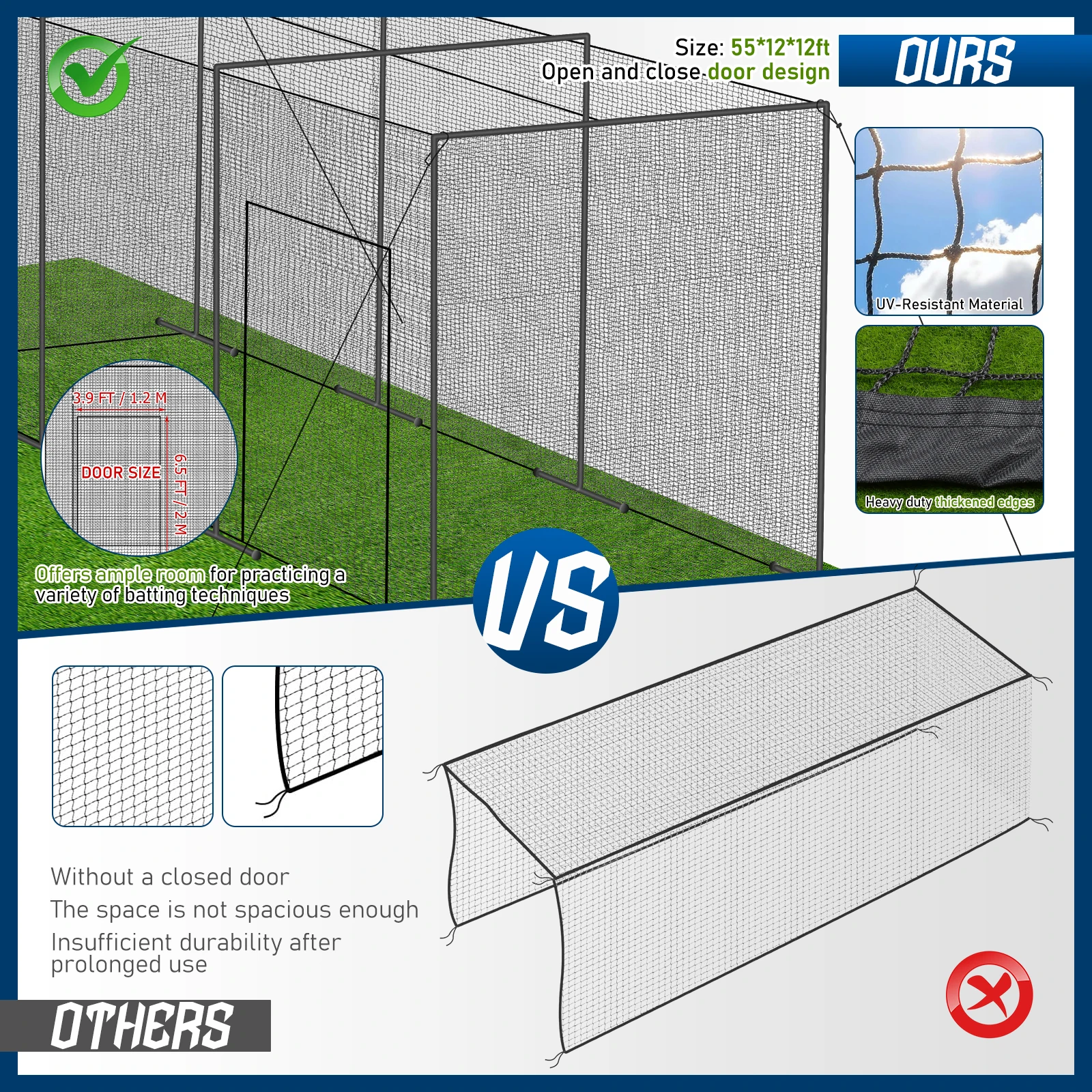 55x12x12フィートの野球バッティングネット、ドア付き屋 - Practice Net Hitting のレビューと価格