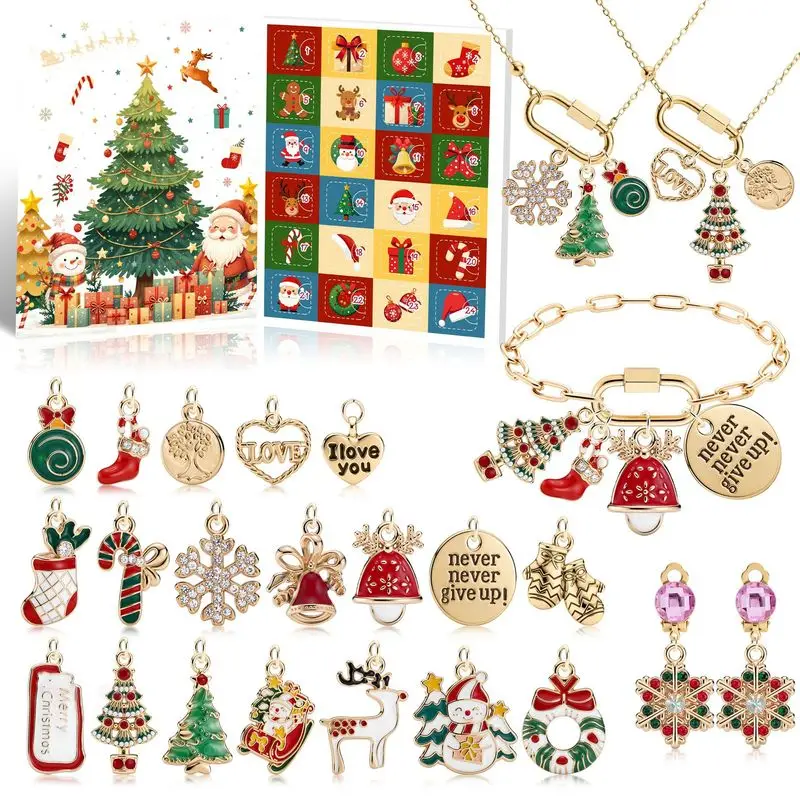 Stainless Steel Gold Plated Christmas DIY Charm Bead Set Snowman Reindeer Sock Star Bell Pendant Bracelet Necklace Vintage Women