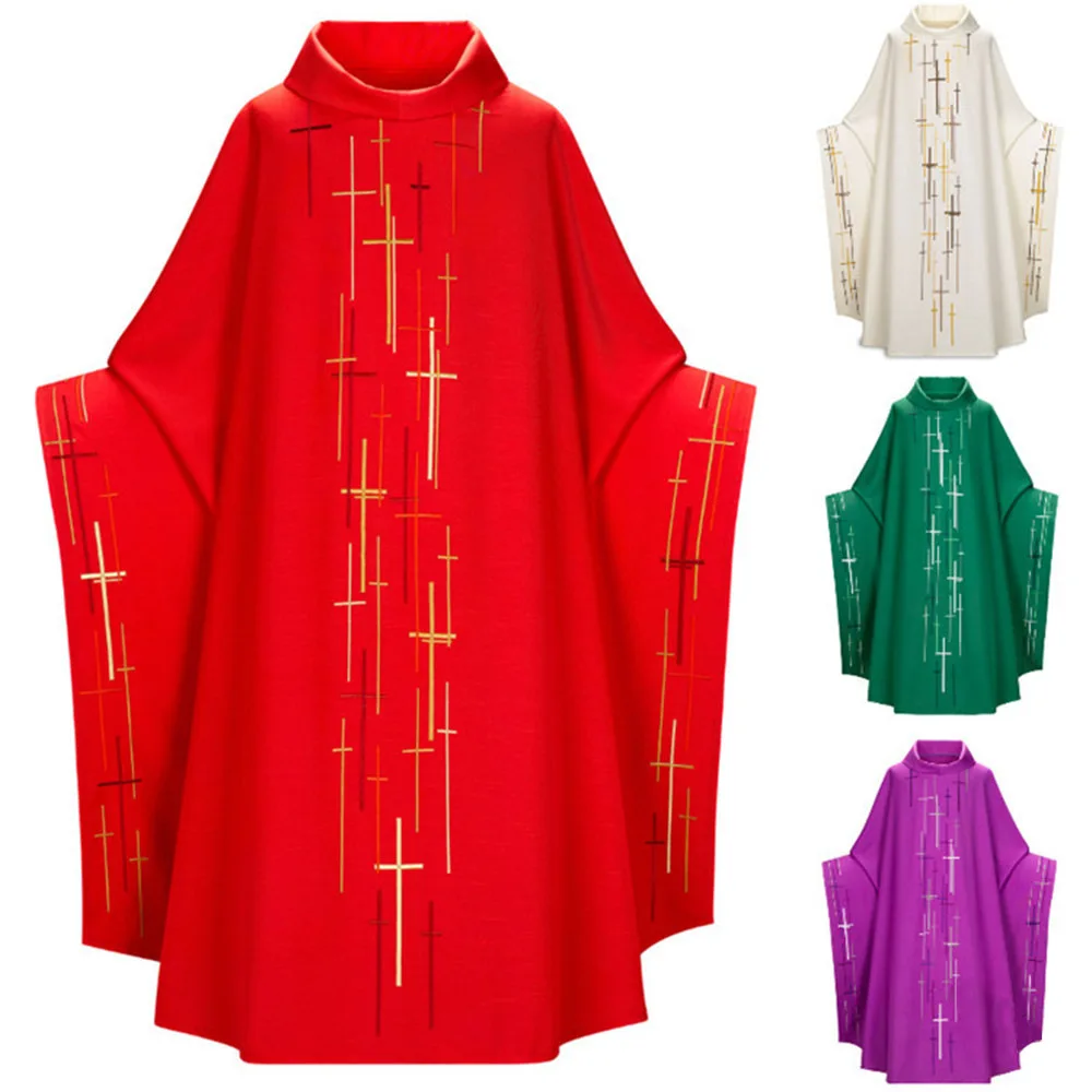 Men Women Medieval Retro Priest Monk Long Gown Cosplay Costume Cross Print Muslim Missionary Cloak Cape Halloween Party Robe