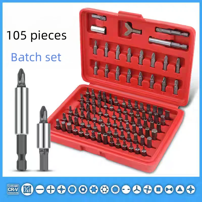 10025 Security Bit Set 105-Piece Set Cr-V Steel 1/4-inch Adapters Phillips Slotted Hex Torx Star Tamperproof Pozi Square Spanner