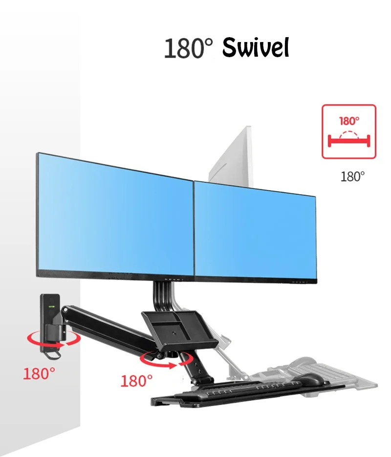 NB MC27-2A Ergonominc Sit Stand Workstation Wall Mount 22-27 Inch Dual Monitor Holder Arm with Foldable Keyboard Plate