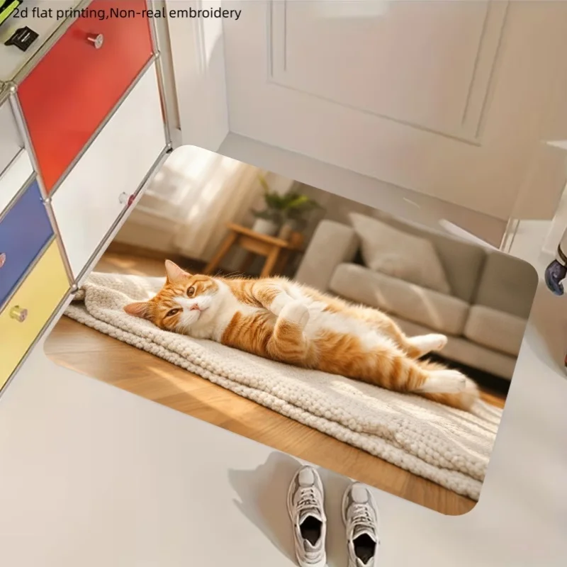 Ginger Cat Pattern Doormat, Cute Kitten Floor Mat for Entryway Home Decor