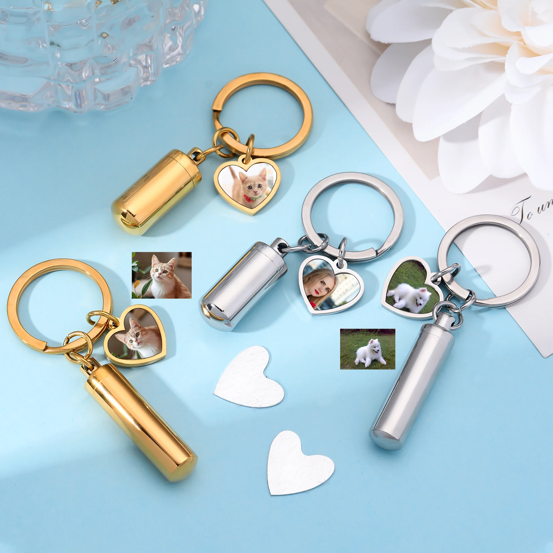 

Подвеска в форме сердца из нержавеющей стали, персонализированная фотогравированная цилиндрическая урна, брелок для кремации и праха для человека, мемориальные украшения для домашних животных