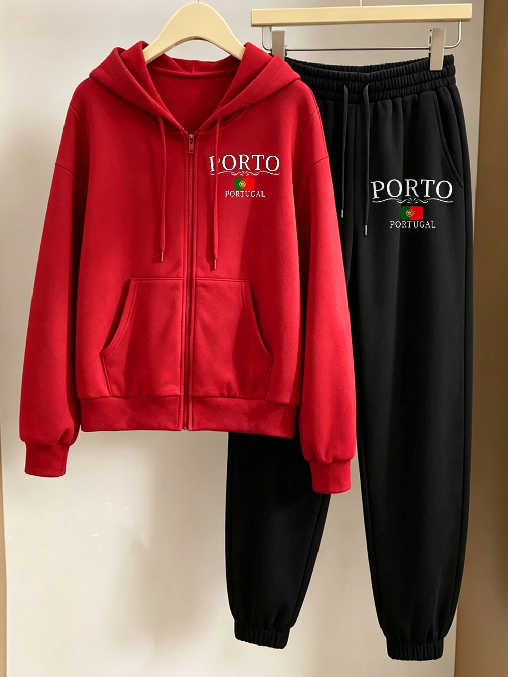 Hoodie Women Oversized - ชุดฮู้ดดี้ซิป 2 ชิ้นสำหรับผู้หญิง ลายพิมพ์ปอร์โต้ โปรตุเกส กางเกงจ็อกเกอร์ทรงโอเวอร์ไซส์มีกระเป๋าสำหรับฤดูหนาว