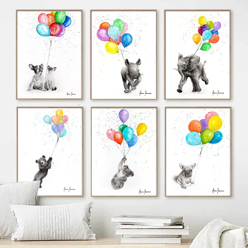 

Nordic Art Dogs Elephant Cats Rabbit Pull Colorful Balloons Posters Canvas Painting Cute Animals Wall Art For Kid Room Decor