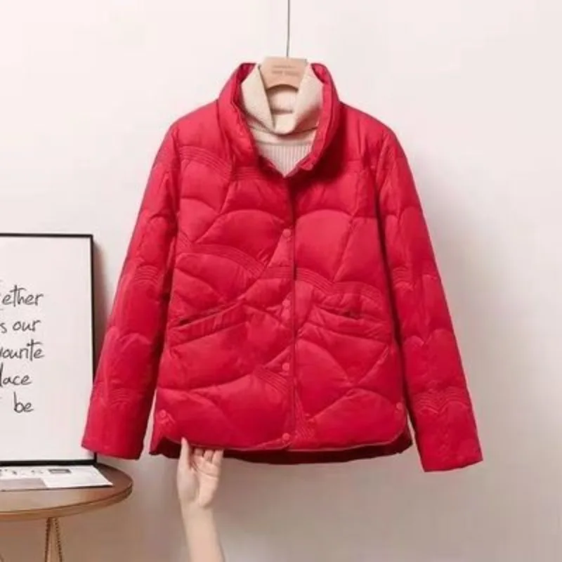 Chaqueta de plumón para mujer, abrigo corto acolchado cálido con cuello levantado, abrigo ligero fino de plumón de pato blanco a la moda, Top de otoño e invierno