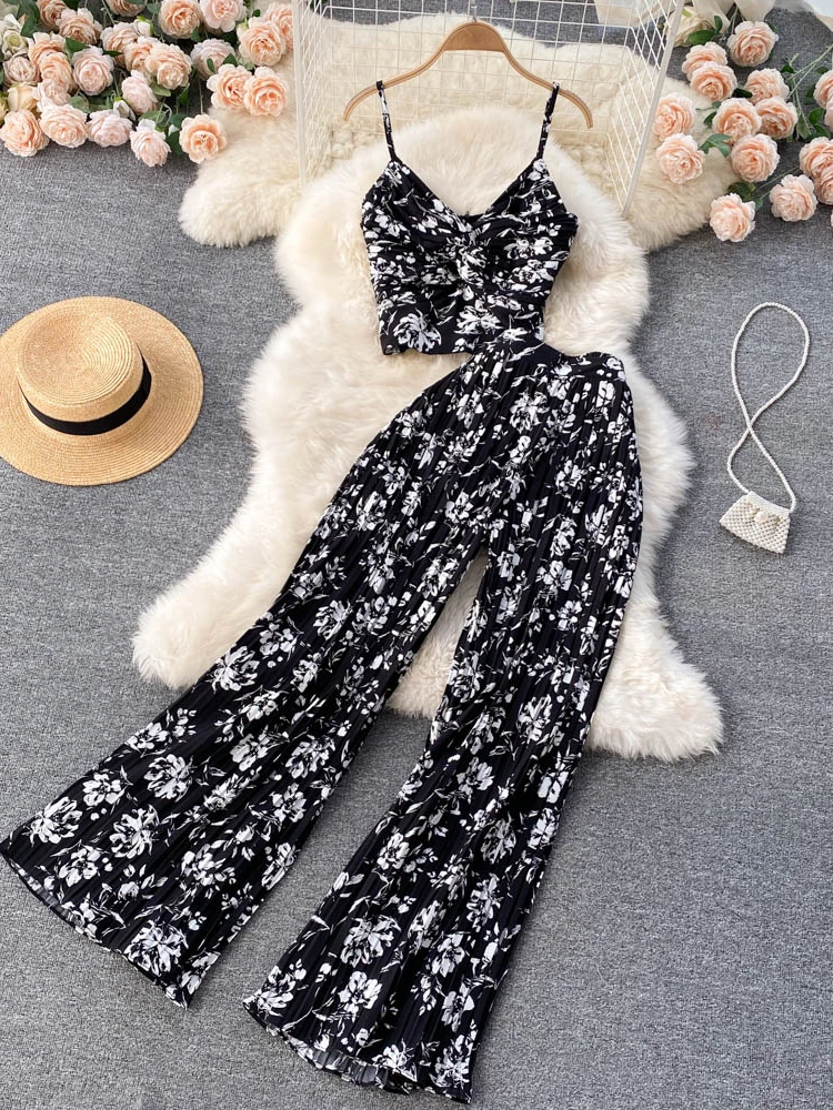 Women Summer Casual Pants Suit 2 Piece Set Female Floral Print Sleeveless Top & Wide Leg Pants Female Fashion Outfit