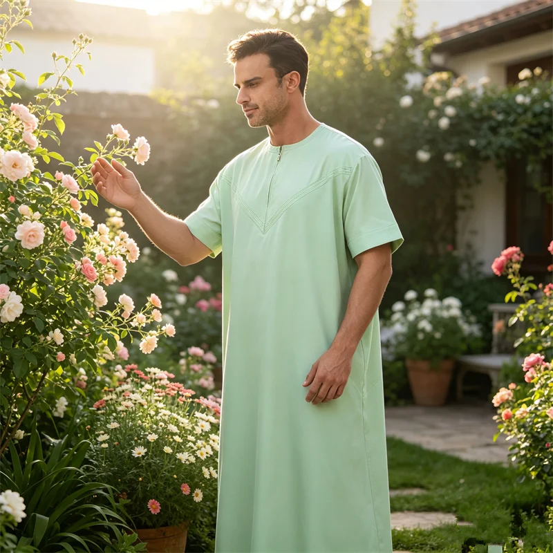 

Men Jubba Thobe Eid Muslim Man Dress Long Robe Zipper Short Sleeve Ramadan Saudi Abaya Caftan Dubai Arabic Daffah Dishdasha Gown