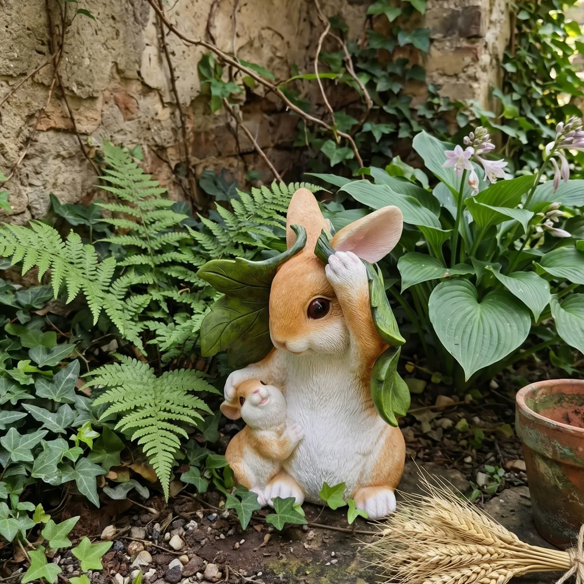 Cute Resin Bunny Rabbit Figurine, Mother & Baby Under Leaf Shelter, Garden Decor, Easter Spring Ornament, Home Accents