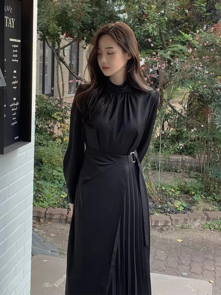 Korejpaa Spring Women Dress French Style Elegant Stand Collar Lace Up Waist Slimming Vintage Dresses Splicing Pleated Vestidos