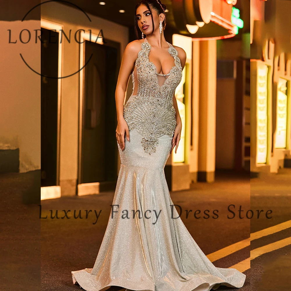 Prachtige Diamant Galajurken 2025, Halter Glanzende Zeemeermin Avondjurken voor Meisjes Aangepaste Mouwloze vestido madrinha