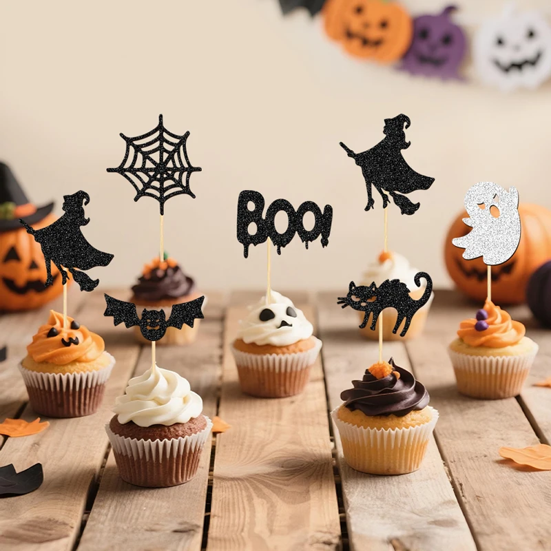 NUBECOM 24 Stück Halloween-Kuchenaufsätze, Party-Cupcake-Topper, Picks, glitzernde Hexe, Fledermaus, Spinnennetz, Boo, Katze, Geister-Kuchendekorationen – Detail 9