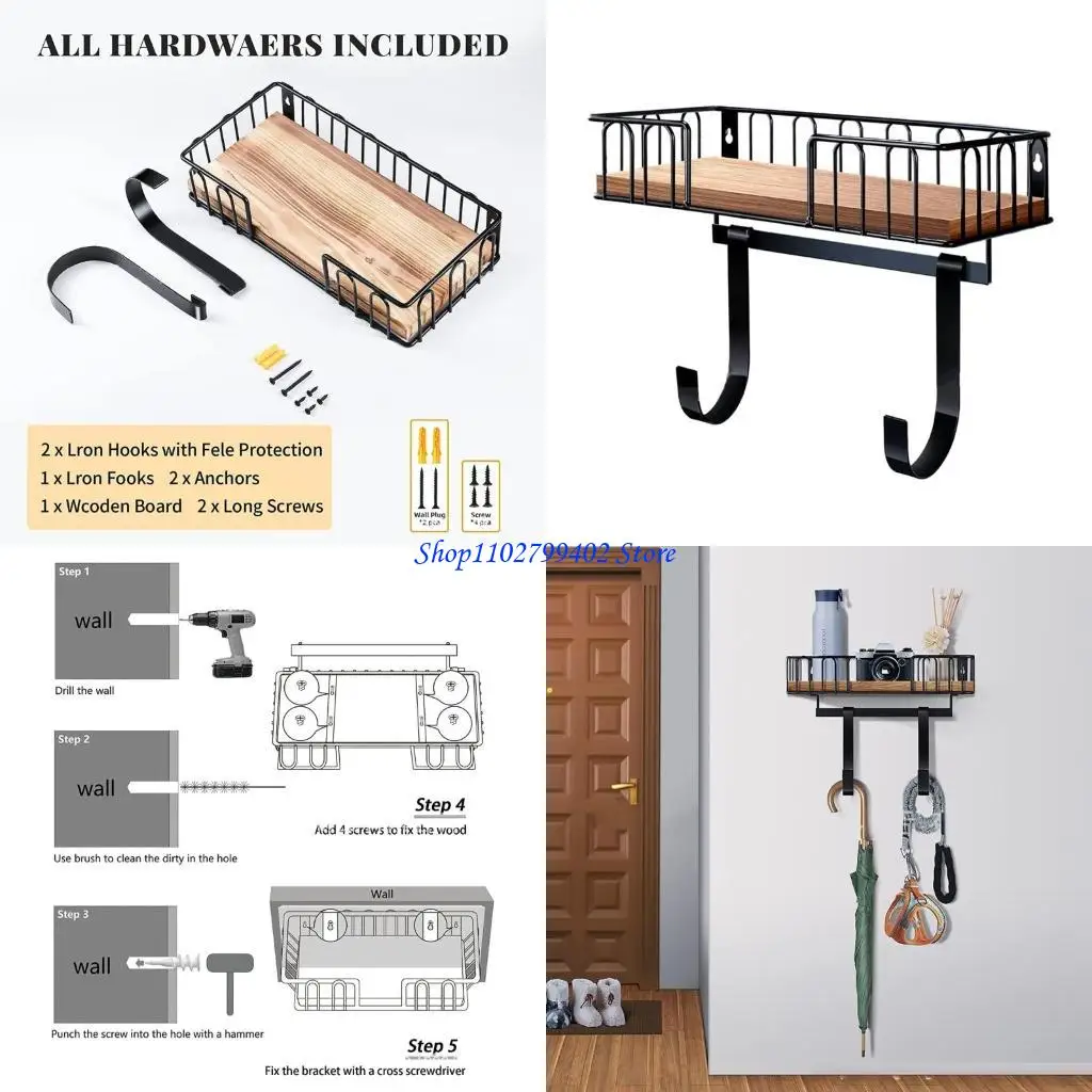 

547F Ironing Board & Iron Store Wall Rack with Adjustment Hook & Storage Basket Multifunctional Ironing Accessory