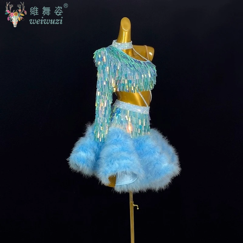 라틴 댄스 의상 맞춤형 깃털 태슬 글리터 성인 및 어린이 차차 삼바 룸바 대회 공연 의상