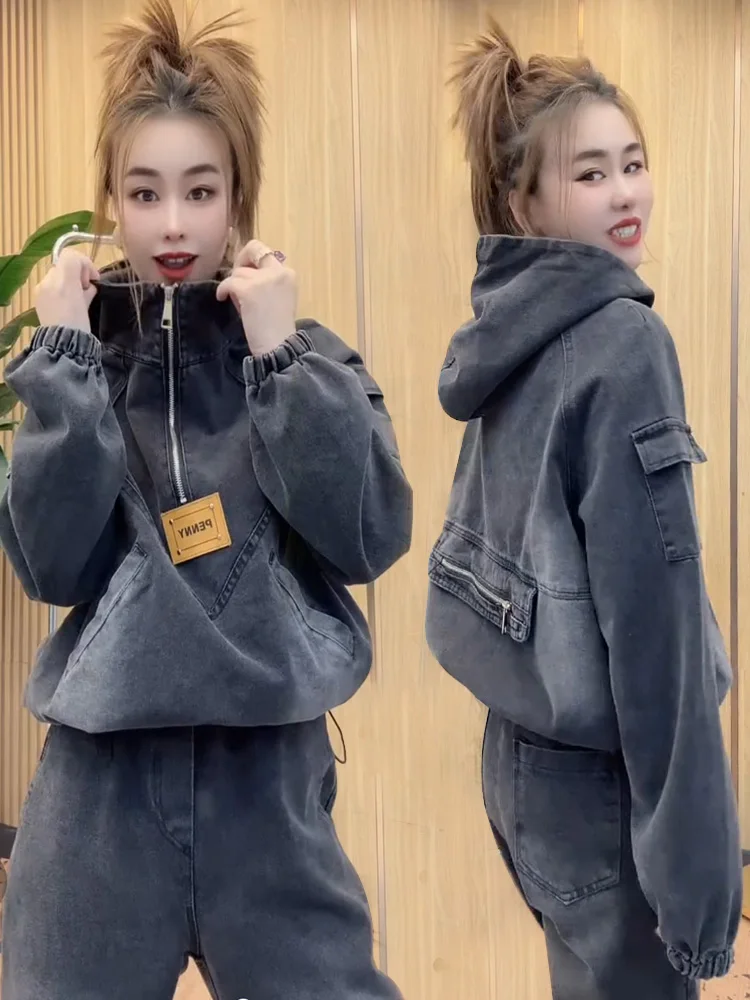 

Hong Kong style denim fashion suit women in spring 2025 retro half zip hoodie casual drawstring pants two-piece set