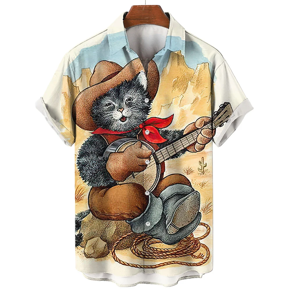 

Fun Music For Animals Print Summer Men's Shirts Casual Oversized Short Sleeve Fashion Single-Breasted Blouses Trend Men Clothing