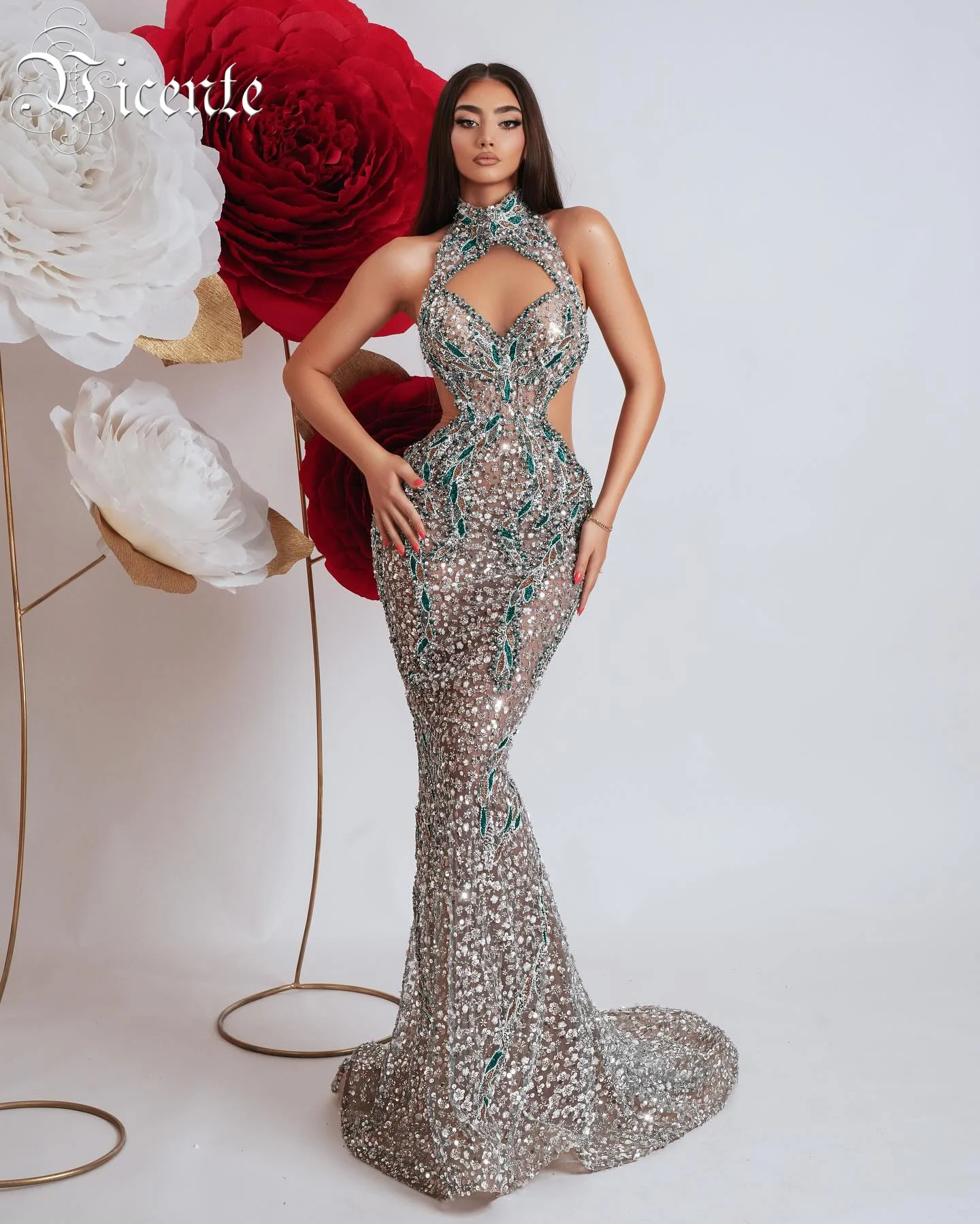 VC sprankelende groene pailletten kristallen uitgesneden zeemeermin mouwloze jurk voor ballenfeest