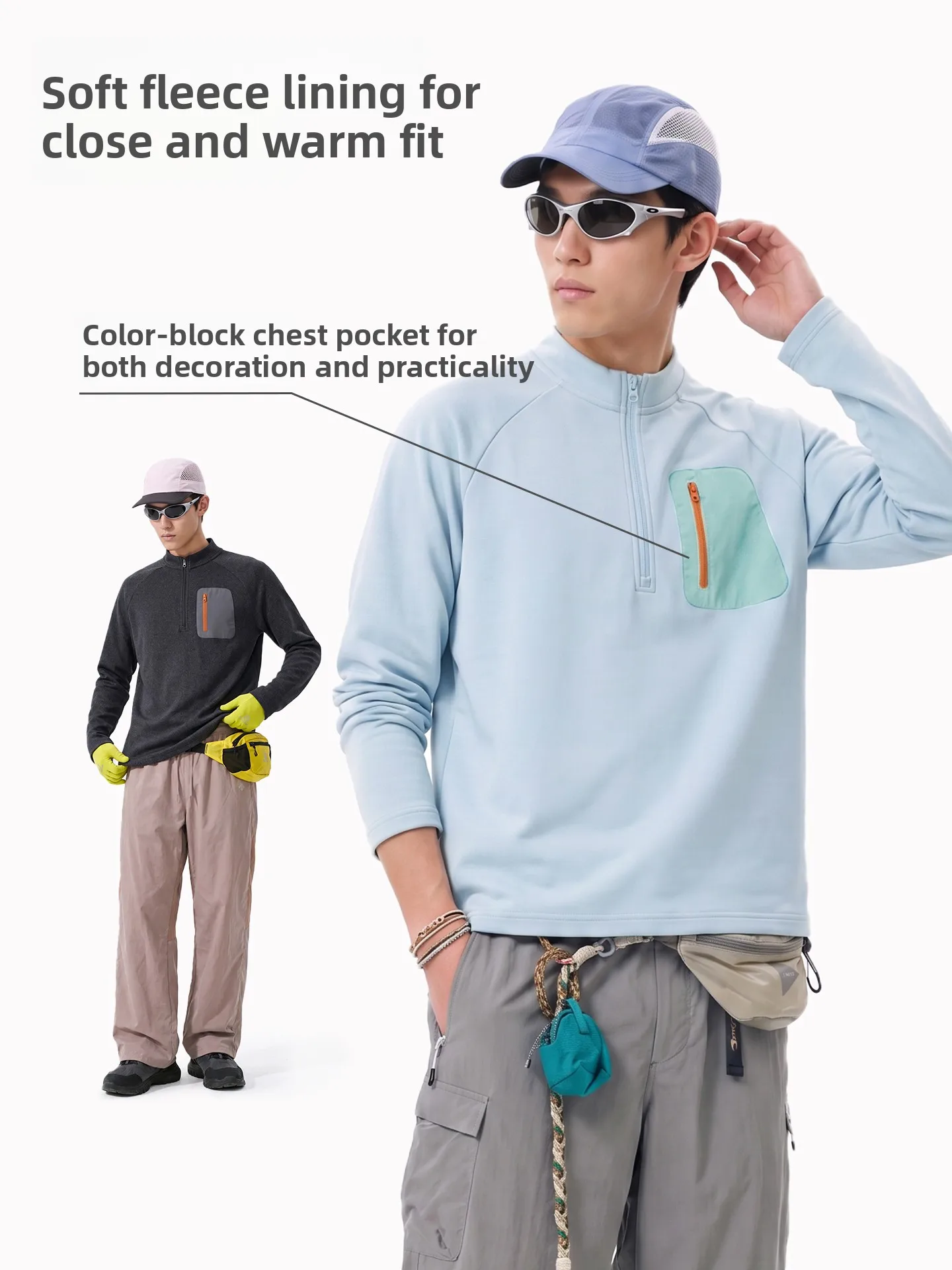 Baleno Men's Fleece Jacket Half Zip Long Sleeve Warm Inner  Light Blue Top for Autumn Winter Outdoor Cycling And Sports