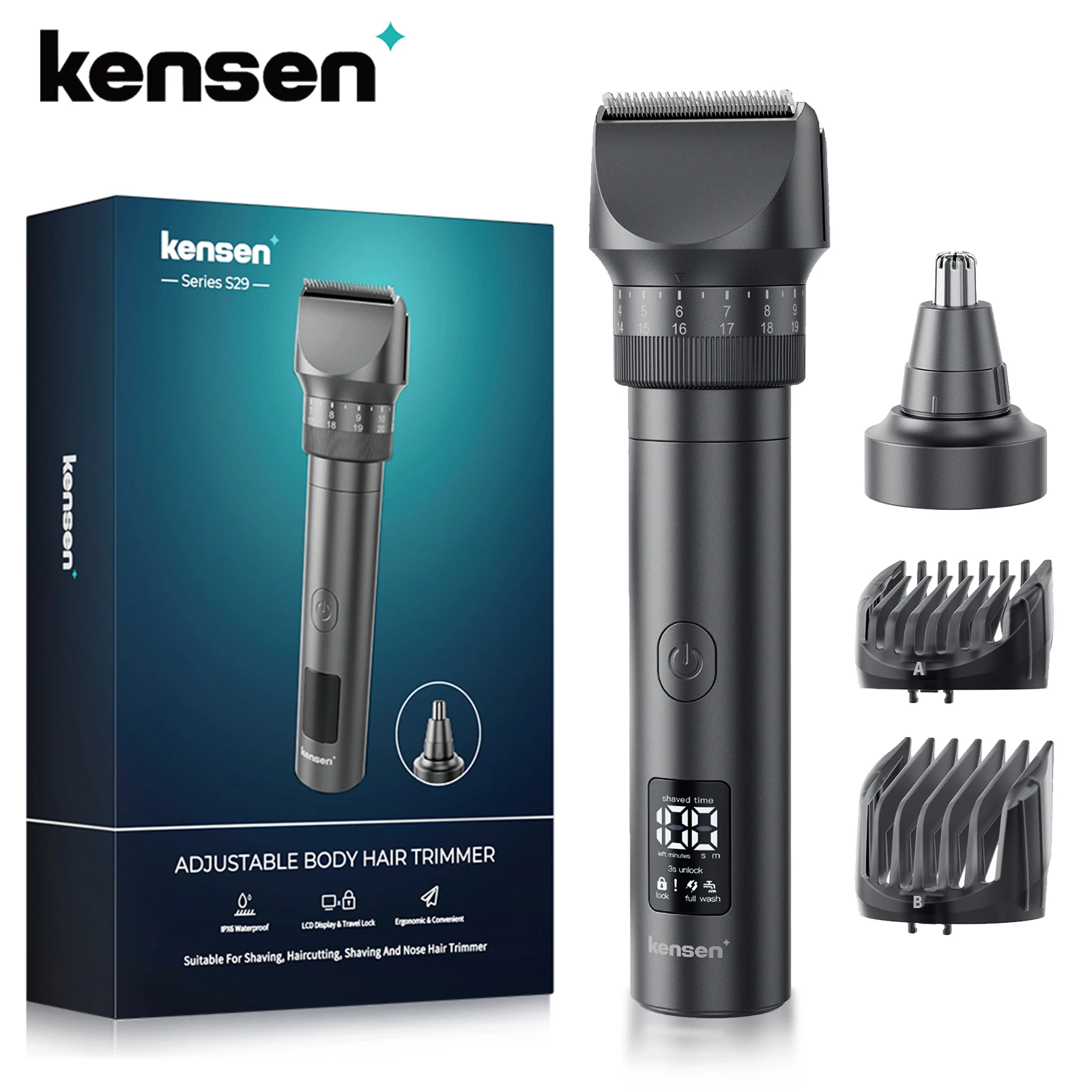 Kensen S29 Haarschneidemaschine für Männer, elektrisches Trimmer-Set für Friseure, mit LED-Anzeige, 2-in-1-Haarschneidemaschine, Nasenhaarschneider